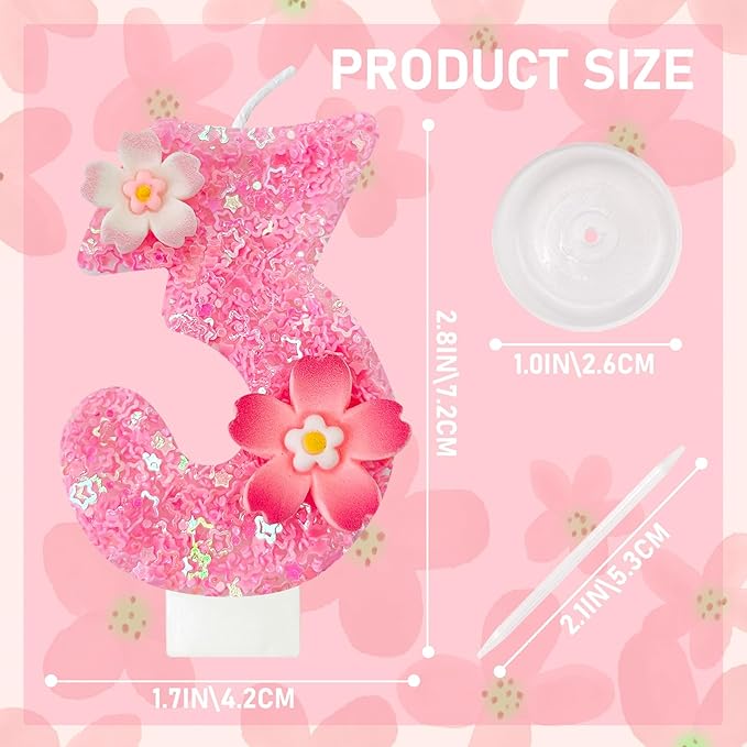 Pink Flower Birthday Candle,Number Birthday Candles for Cake, Ideal Birthday Parties Cake Decor, Wedding Anniversary and Other Celebrations (Number 3, Pink)