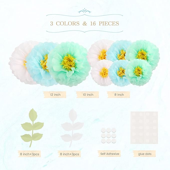 Fonder Mols Tissue Paper Chrysanth Flowers with Butterfly and Olive Leaves for Wedding Baby Shower Nursery Room Parties & Events Decorations Pom Poms (White Mint Baby Blue)