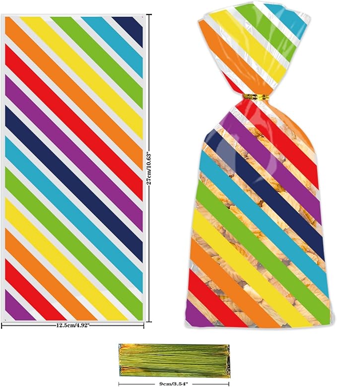 50 Pcs Rainbow Cellophane Treat Bags, Polka Dot Stripes Stars Printed Pattern Mixed Bags, Goodie Candy Favor Bags with Twist Ties for Pride Day, Baby Birthday Party Supplies(5inch x 10inch)