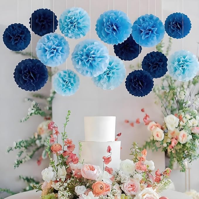 XIKSXITN 12 pc Blue Tissue Paper Pom poms in 3 Colors-Hanging Paper Pom Poms Paper Flowers Ball for Party Decorative(Navy Blue,Blue and Light Blue)