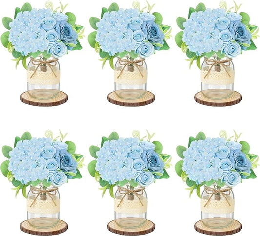Set 6 Mason Jar Table Centerpiece - Wedding Centerpieces for Tables, Mason Jar Flower Centerpiece Vases Decor- Boho Farmhouse Rustic for Engagement, Bridal Shower, Wedding, Versatile Decor (Blue)
