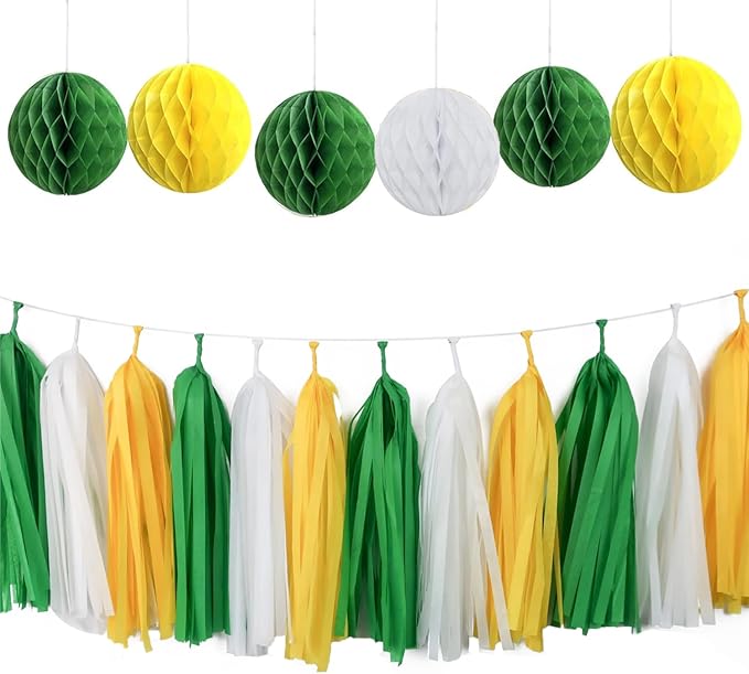 21PCS Green Yellow Party Decorations Tissue Tassel Garland Banner Hanging Paper Honeycomb Balls Streamers Backdrop for Graduation Masters Golf Birthday Wedding Baby Shower