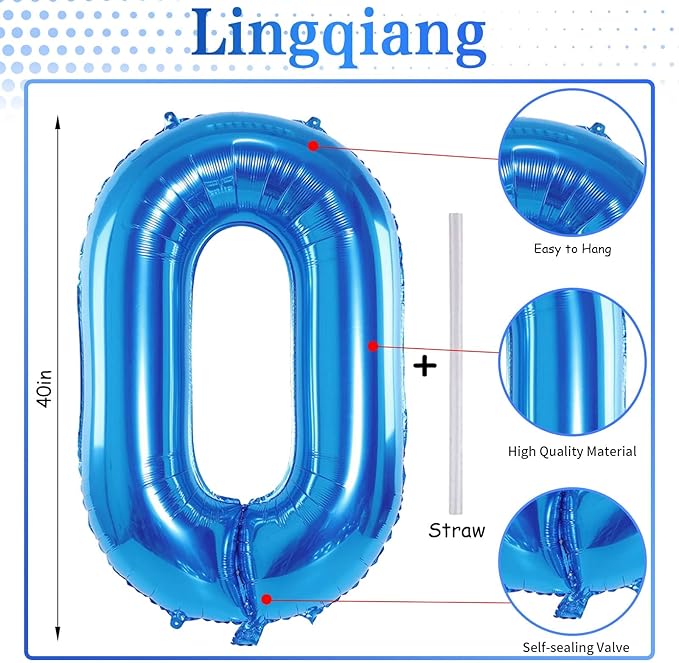 Blue Balloon Number 0, 40 Inch Large Self Inflating Foil Number Balloons 0-9, Giant 0 Digital Helium Balloon for Boys Men Birthday Baby Shower New Year Party Anniversary Celebration Decorations