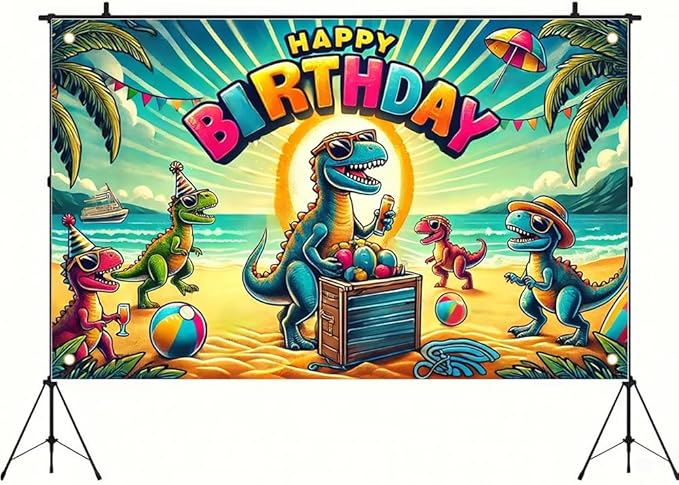 Tropical Happy Birthday Party Banner 71x43 Inch, Fun Design with Colorful Balloons and Palm Trees, Perfect for Summer Parties and Outdoor Photo Backdrops