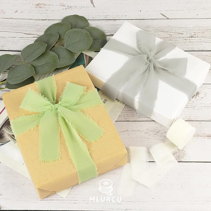 Sage Green Chiffon Ribbon 1 Inch x 21Yds Handmade Fringe Chiffon Silk Ribbon Sage Green/Desert Sage/Cream Frayed Chiffon Ribbon for Wedding Invitation Flower Bouquets Bridal Shower Gift Wrapping