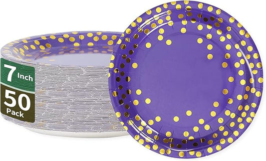Purple & Gold Dots Party Paper Plates, 50 PCS Disposable Party Supplies Dessert Paper Plates for Birthday,Wedding Birdal Christmas Mardi Gras (7 inches)