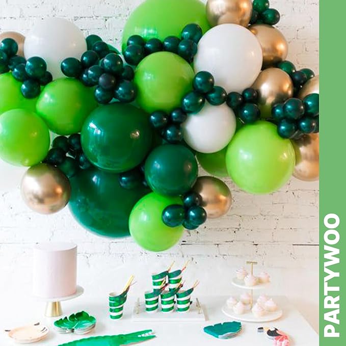 PartyWoo Green Balloons 66pcs 12 Inch Light Lime Dark Emerald Hunter Forest Metallic Green Gold Confetti Balloons for Baby Shower Wedding Engagement Jungle Woodland Birthday Party Decorations