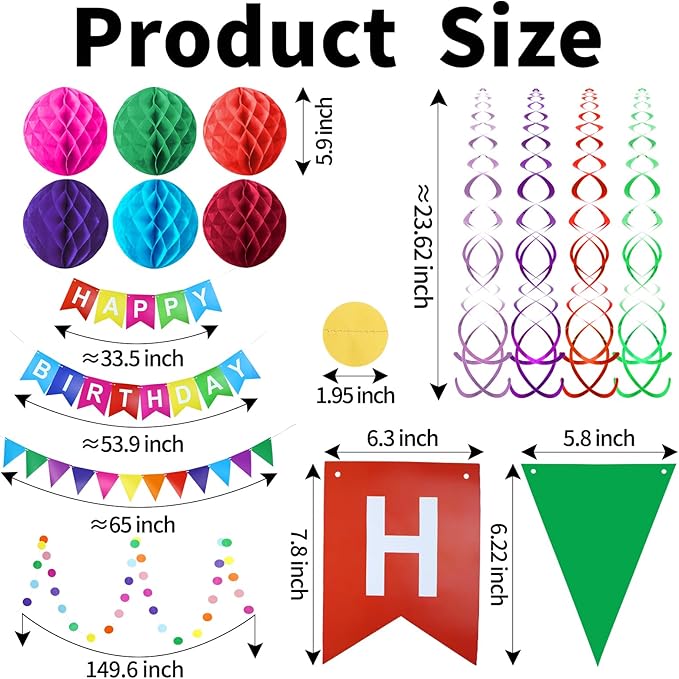 Happy Birthday Banner with Colorful Paper Flag Bunting Paper Circle Confetti Garland Swirl Streamers Honeycomb Ball for kids Party decorations