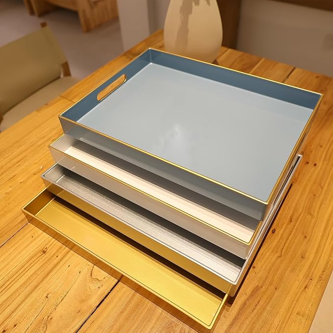 Spsyrine Blue Plastic Serving Tray for Ottoman, Coffee Table, Rectangle Decorative Tray for Entertaining, Outdoor, Living Room, Home Decor