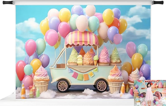 Kate Summer Ice Cream Car Balloon Backdrop Kids Birthday Party Decoration Photography Background 7x5ft