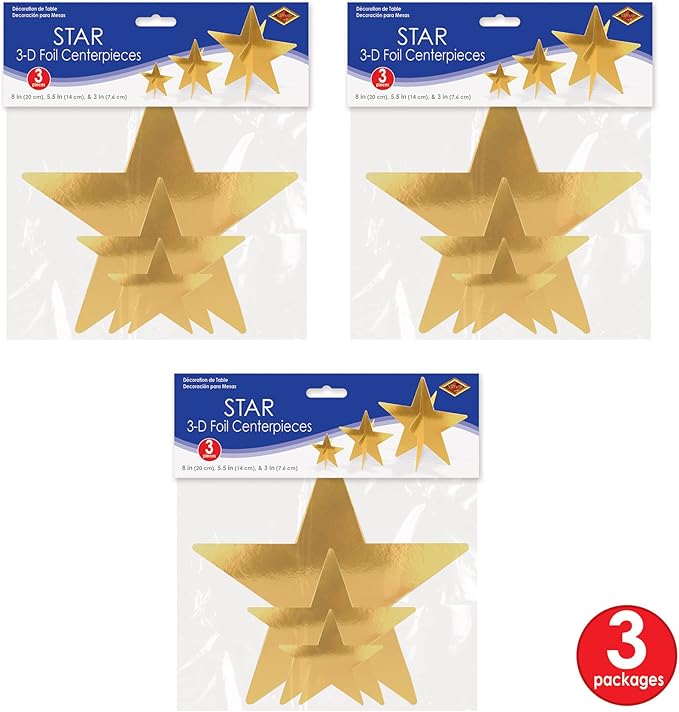 Beistle Gold 3-D Foil Star Centerpieces, 9-Count – Metallic Starry Table Decorations in 3 Sizes for New Year’s Eve, Awards Night, Graduation, Hollywood Party, Anniversary and Celebration Events