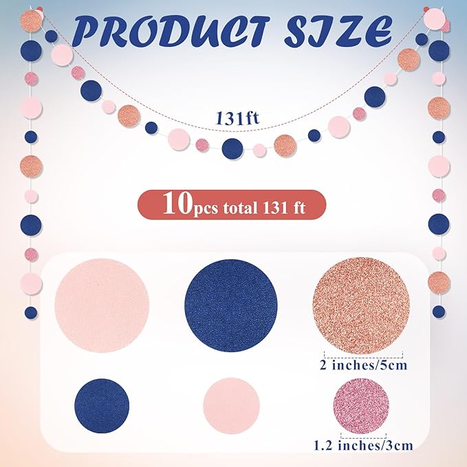 Outus 10 Pieces Blue,Pink,Rose Gold Round Dots Garland Graduation Party Hanging Decor Each Length 13.1ft Glitter Paper Dot Streamers for Birthday Wedding Classroom Supplies