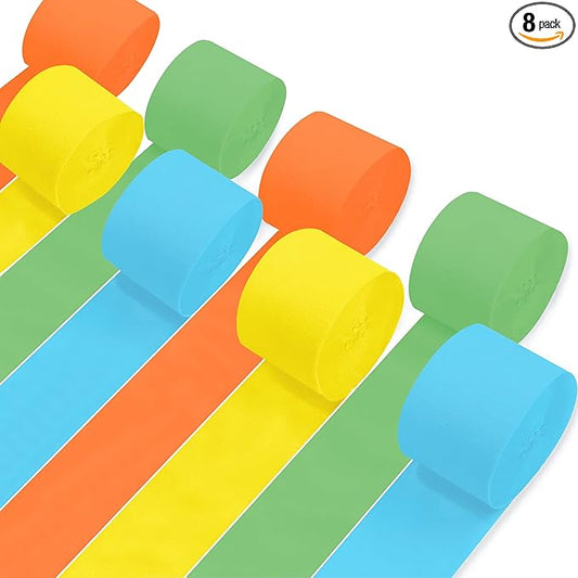 8 Rolls Crepe Paper Streamers, Orange, Yellow, Green and Blue Streamers Party Decorations for Birthday Baby Shower Bridal Shower Wedding Bachelorette Party Boho Decor