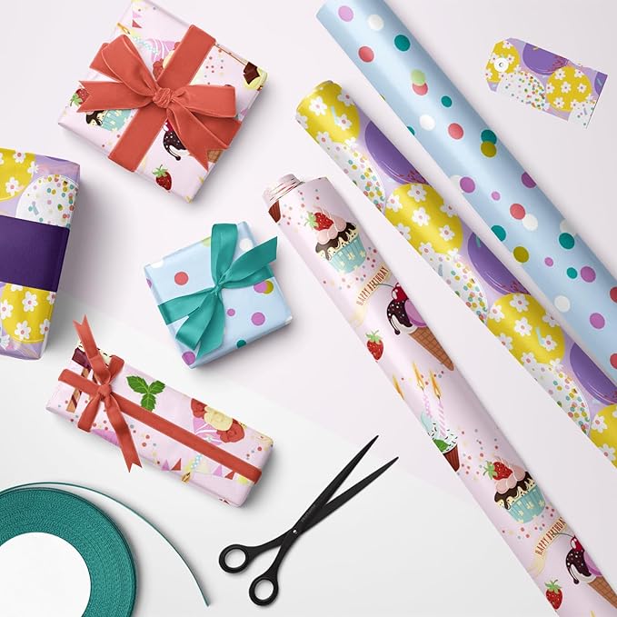 LeZakaa Cupcake Birthday Wrapping Paper Roll, Cupcake, Ice Cream, Balloon, Polka Dot in Blue for Birthday, Baby Shower Party Favor for Kids, Baby Girl, Women, Mini Roll, 17 x 120 inches, 3 Rolls