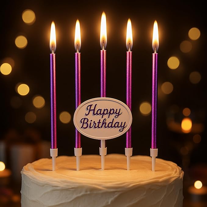 by Tugba Aydan Purple Birthday Candles, 24 Pack, Long Thin Metallic Cake Candles with Holders, Elegant Purple Candles for Cakes, Cupcakes & Parties