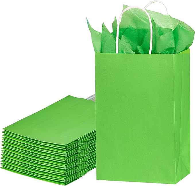 SUNCOLOR Green Gift Bags with Handles, 24 Pack Kraft Paper Party Favor Bags, 7.9x5.12x3.15 Inches, with Tissue Paper for Christmas, St. Patrick's Day, Birthdays
