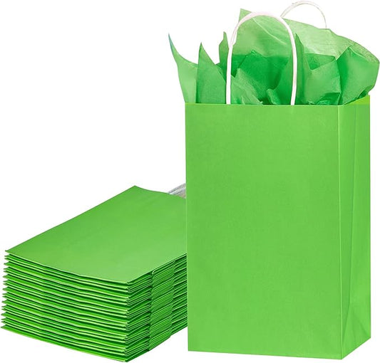SUNCOLOR Green Gift Bags with Handles, 24 Pack Kraft Paper Party Favor Bags, 7.9x5.12x3.15 Inches, with Tissue Paper for Christmas, St. Patrick's Day, Birthdays