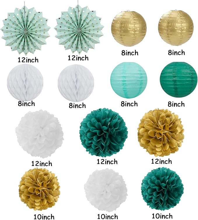 Sage-Green Teal-Gold Baby-Shower Party Decorations - 14pcs Rustic Wedding Paper Lanterns Fan,Tissue Pom Poms Streamers,Honeycomb Balls,Birthday Bachelorette Engagement Bridal Decor Lasting Surprise
