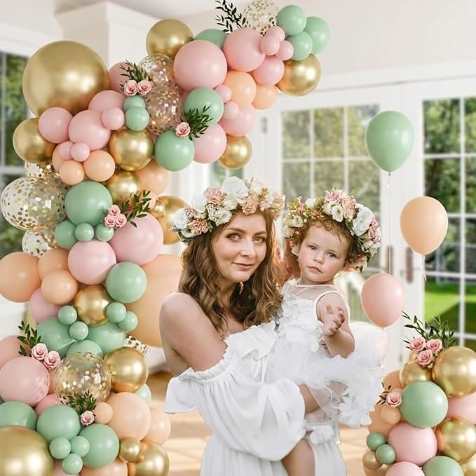 Pink and Green Balloons, 12inch 65Pcs Retro Green and Pink Balloons with Metallic Gold for Birthday Bridal Shower Baby Shower Decorations