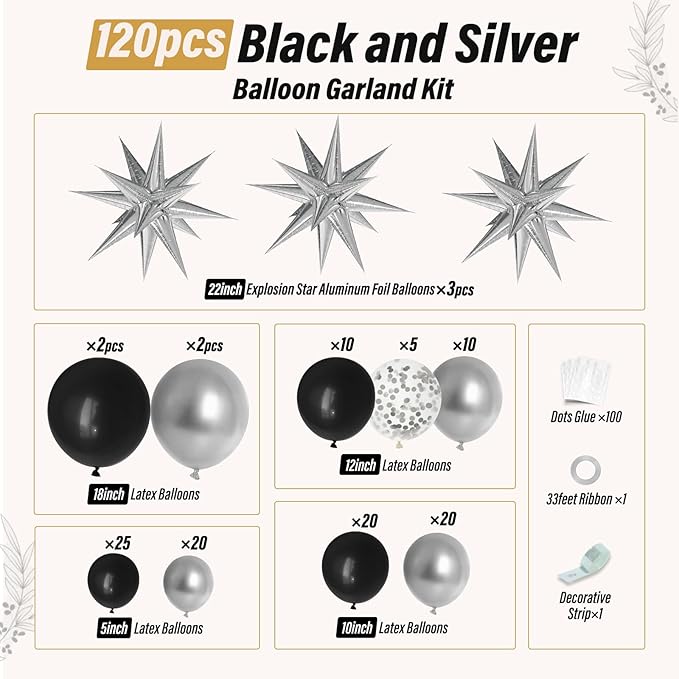 FOTIOMRG Black and Silver Balloons Garland Arch Kit with 3pcs Star Balloon, Metallic Sliver and Black Balloons for Birthday Graduation Baby Shower Disco New Years Party Decorations