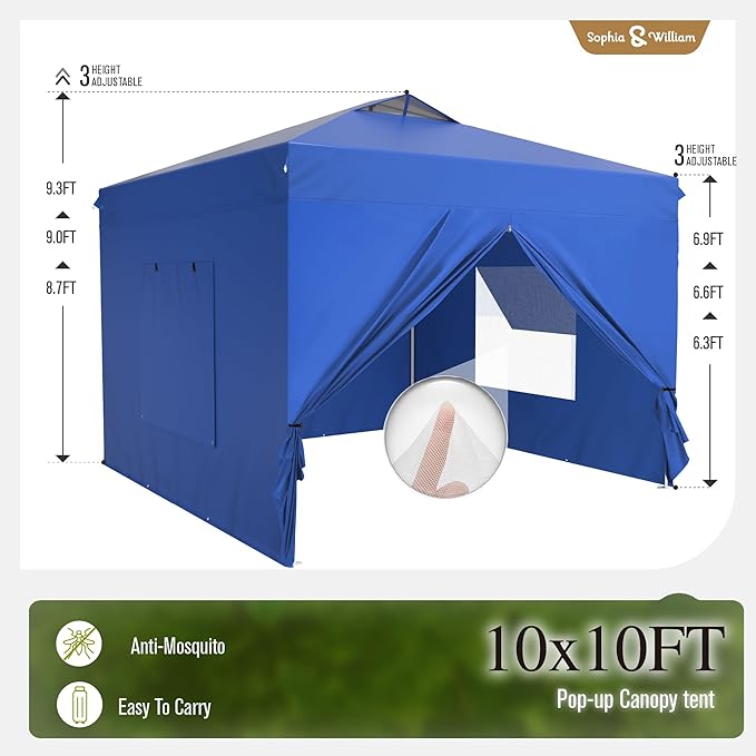 Sophia & William Canopy Tent Pop Up 10x10 ft One Person Push Set Up Canopies with 4 Sidewalls, Outdoor Shelter Heavy Duty Straight Legs with 4 Sandbags & 1 Roller Bag, 8 Stakes & 4 Guy Ropes, UPF50+