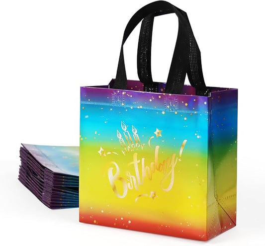 huichuan 12 Pack Rainbow Birthday Bags for Girls, 8x3.9x8 Inches Colorful Small Happy Birthday Bag with Bases for Kids, Girls, Boys Party Favors & Gift Packaging