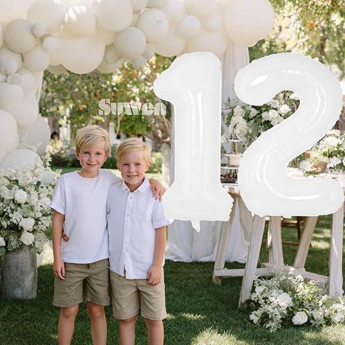 SUWEN 40 Inch White Large 12 Number Balloons Big Foil Helium Number Balloons 0-9 Giant Jumbo Happy 12th Birthday Party Decorations for Boy or Girl Huge Mylar 21 Anniversary Party Supplies