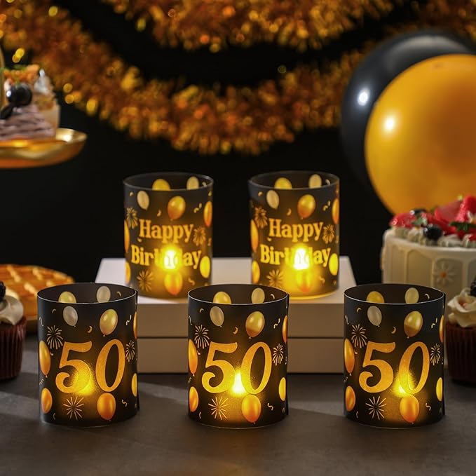 10 Sets 50th Happy Birthday Centerpieces for Table Black and Gold Birthday Decorations Lantern Boxes with Tea Lights Candles Centerpieces for Men Women 50th Party Supplies
