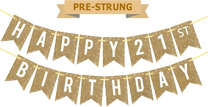 Netnology Pre-Strung Gold Happy 21st Birthday Banner Decorations,12 ft No DIY Gold Glitter 21st Birthday Party Banner Sign Decor for Women Men Girl Boy Party Supplies