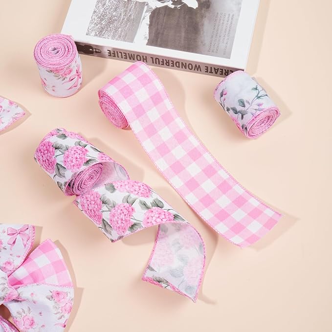4 Rolls Pink Floral Wired Ribbon Set - 2.5 Inch Wide, 20 Yards Total – Rose Patterned Pink and White Vintage Satin Ribbon for Crafts, Spring, and Floral Decor