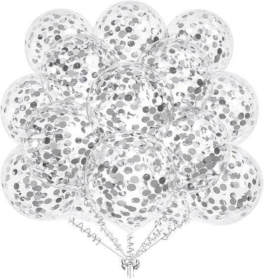 50pcs Silver Foil Confetti Balloons,12 inch Latex Balloon with Silver Confetti Inside for Birthday Family Party Wedding Party Baby Shower Decoration Supplies