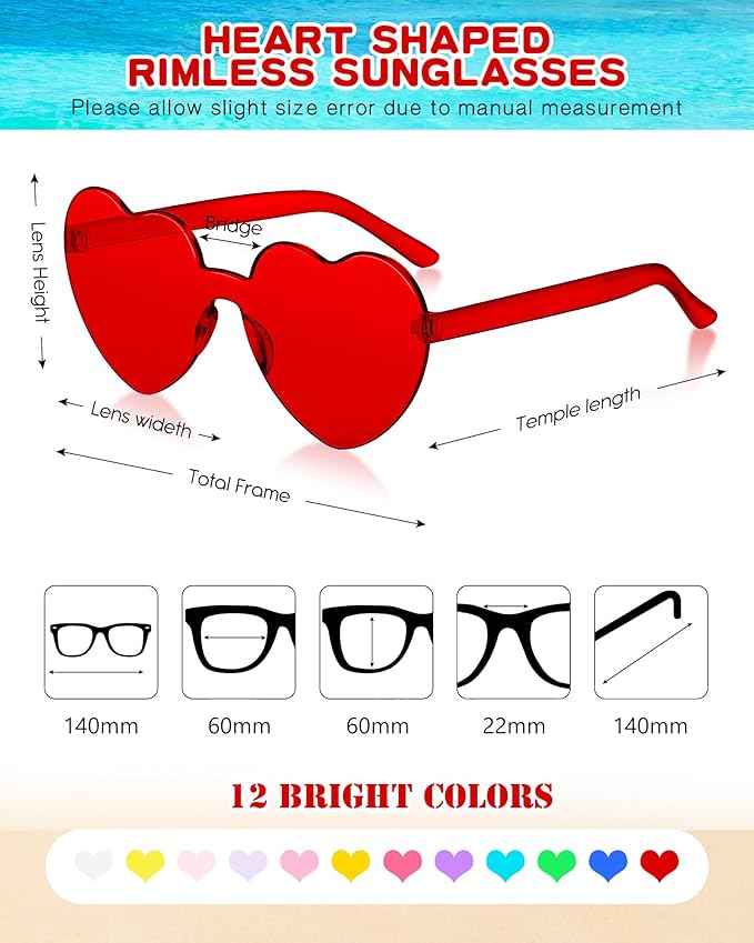 Kingdder 24 Pairs Heart Shaped Sunglasses Rimless Glasses Bulk Candy Color Tinted Eyewear Summer Party Favors