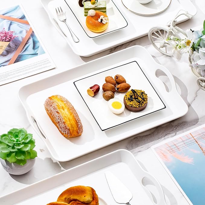 Kathfly 6 Pcs White Serving Trays with Handles Trays for Eating 16 x 11 Inch Multi Purpose Plastic Tray Rectangular Anti Skid Decorative Food Tray for Restaurant Breakfast Countertop Party Kitchen