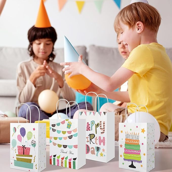 20Pcs Birthday Gift Bags with Handles, 8.2" x 5.8"x3.15" Happy Birthday Paper Favor Bags, Colorful Candle Balloon Cake Print Birthday Goodie Bags, Party Treat Candy Bags for Boys Girls Birthday Party Supplies