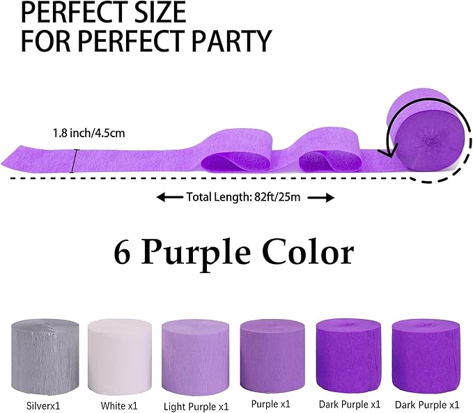 Crepe Paper Streamers 6 Rolls 492ft, Pack of Purple Theme Party Streamers for Party Decorations, Birthday, Wedding, Baby Shower, Graduation, Christmas