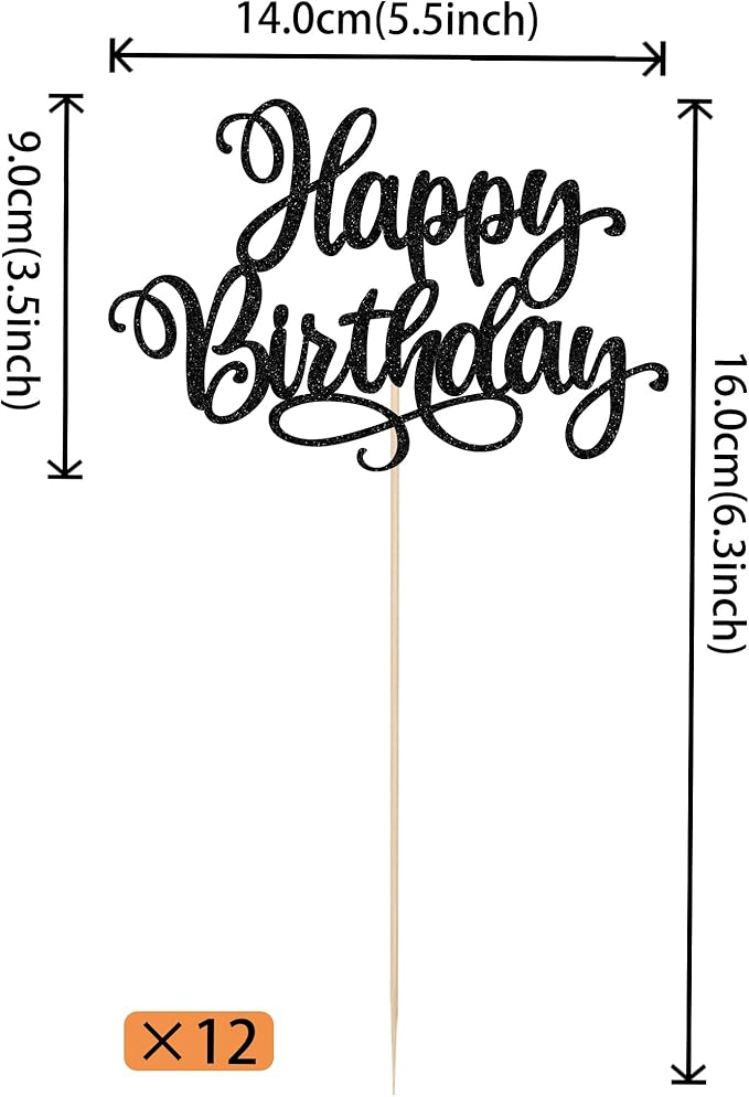 12 PCS Happy Birthday Centerpieces Sticks Double Sided Glitter Birthday Party Decorations Anniversary Table Flower Centerpiece for Celebrating Birthday Party Centerpieces Supplies Black