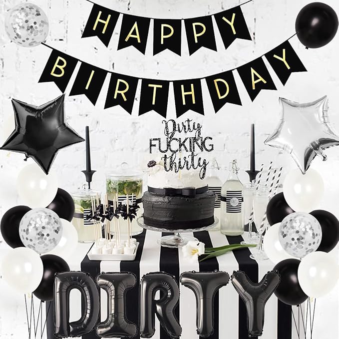 30th Birthday Party Decorations Silver and Black, Dirty Thirty Banner Balloon Dirty 30 Sash Cake Topper for for Her Him 30 Years Old Birthday Party Supplies