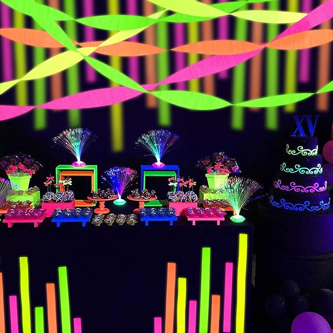 8 Rolls Neon Glow Crepe Paper Streamers Glow in Dark Party Supplies Pink Green Orange Yellow Colorful Paper Streamers for Birthday Neon Disco Glow Party （Total 656ft, 1.8Inch x 82Ft/Roll）