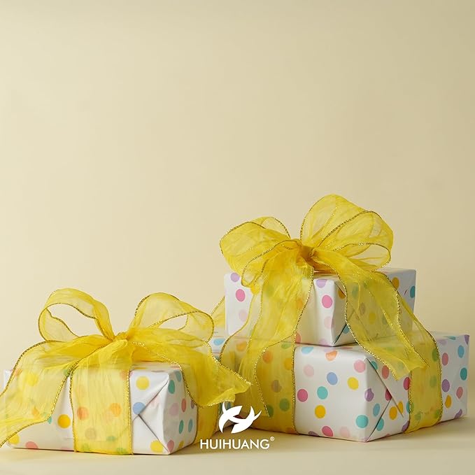 HUIHUANG Yellow Wired Ribbon 2-1/2 inch Crinkle Metallic Yellow Wire Ribbon for Lemon Wreaths Bows Making DIY Crafts Holiday Home Fall Sunflower Decor - 10 Yards