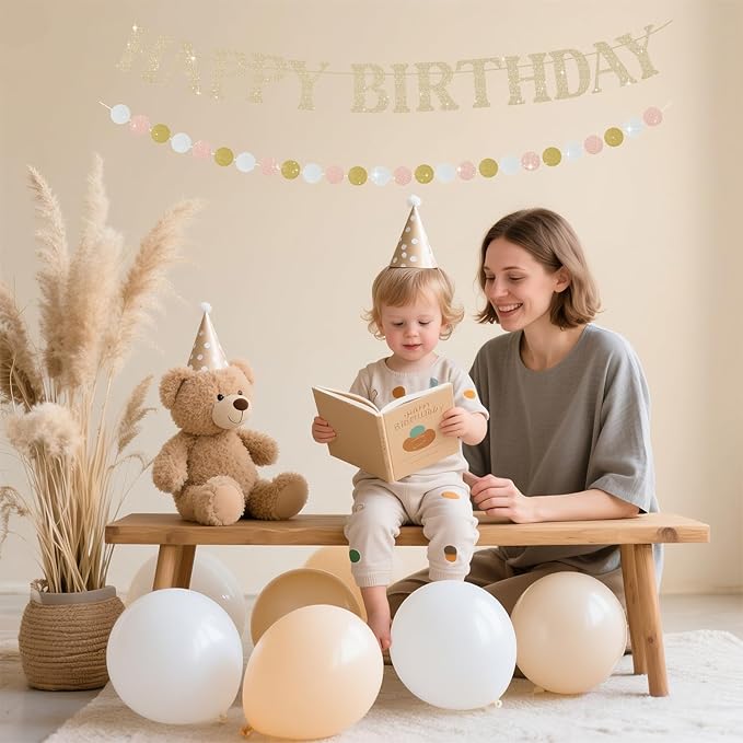 Happy Birthday Banner, Pre-Strung Champagne Gold Birthday Party Decorations, Glitter Birthday Signs for Party with Circle for Door Wall Mantle Hanging Sign Backdrop Supplies
