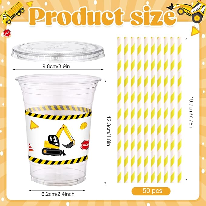 Yungyan 50 Sets Construction Truck Plastic Cups with Lids and Straws 16 oz Disposable Coffee Juice Drinking Hot Cold Clear Cup for Home Birthday Baby Shower Party Favors Supplies Decoration Holiday