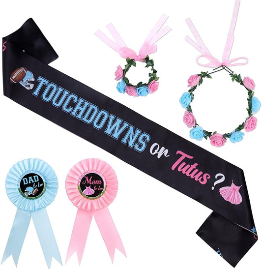 Rugby Football Touchdown or Tutus Maternity Sash Mom to Be Dad to Be Pins with Headband Wristband for Rugby Football Baby Shower Party Gender Reveal Party Favor Gift Photo Prop