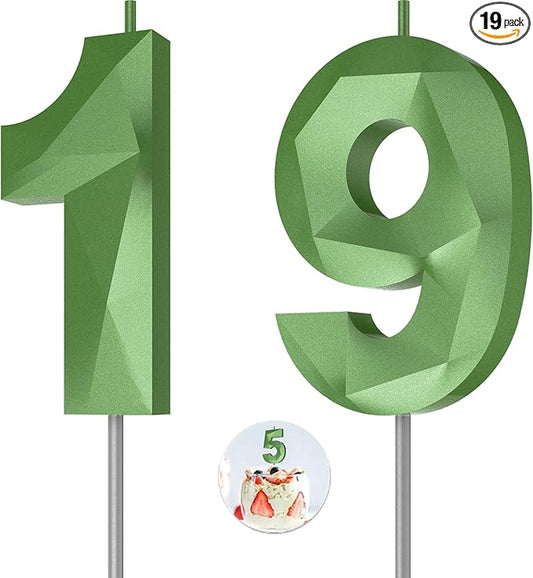 Number Birthday Candles(19 Candle Green) 3D Diamond Shape Number Happy Birthday Cake Candles for Birthday Party Wedding Decoration Reunions Theme Party