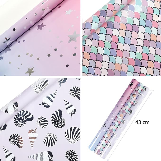 Pink Mermaid Wrapping Paper Roll - Mini Roll - 3 Rolls Pink Lavender Purple Foil Mermaid Scale Scallop Girls Wrapping Paper Gift Wrap for Girl Baby Shower Birthday Wedding-17x120 inch(10feet) Per Roll