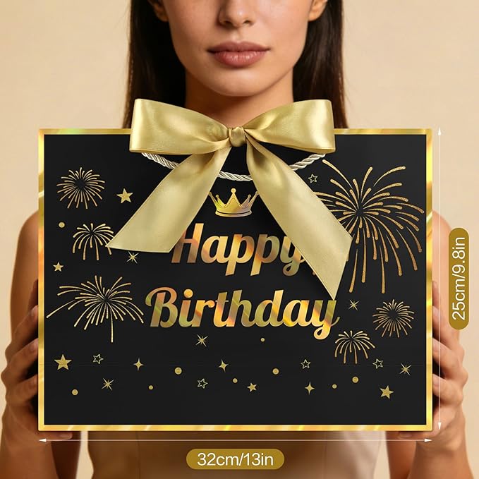 JMANNI Black Gold Happy Birthday Gift Bag with Card and Tissue Paper, 12.6"×9.84"×3.9" Elegant Present Bag for Men Women, Year Old Birthday Keepsake Party Supplies