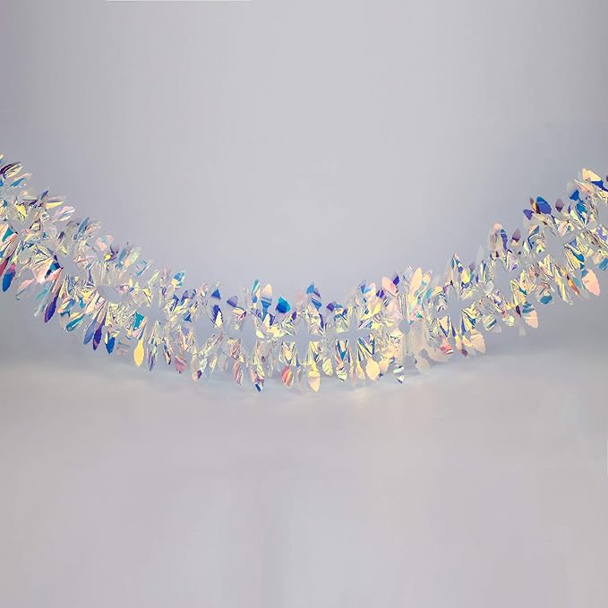 Iridescent Hanging Decorations Garland, 6ft Long Roll Shiny Foil Metallic Banner for Christmas, Bridal Shower, Wedding, Birthday, Frozen Theme Party, Fairy Princess Rainbow Show Decoration