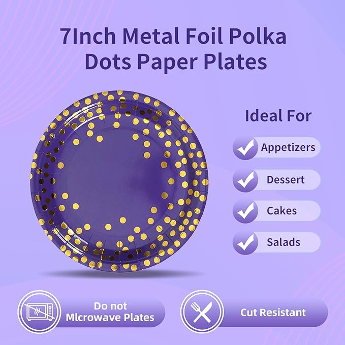 Purple and Gold Paper Tableware Set-150PCS-50 x 7'' Paper Dessert Plates & 50 x 6.5''Napkins & 50 x 7.3''Forks,Disposable Party Supplies for Birthdays,Graduation,Bridal Parties,Carnival
