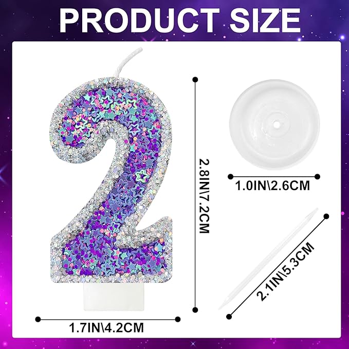 K-pop Number 2 Birthday Candle, Star Glitter Filled Number Candle, Purple Silver Fantasy Cake Topper for Birthday Party Decoration