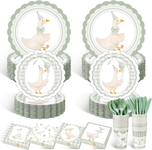 Zhehao 350 Pcs One Silly Goose Birthday Party Tableware Set Sage Green Bow Scalloped Baby Shower Plates Cup Napkins Forks for Birthday Party Decorations Supplies for 50 Guests