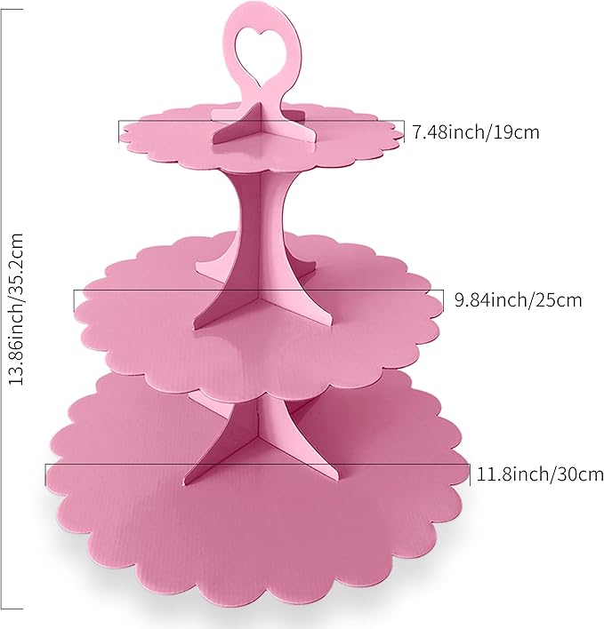 Pink Cupcake Stand, 3-Tier Heart Handle Dessert Display Tower, Scalloped Edge Cake Stand for Girl Birthday Baby Shower Wedding Party Decoration, Easy Assembly (2-Pack) ﻿
